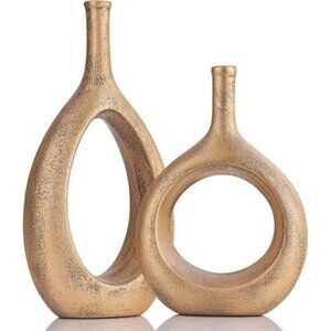 NEW Gold Ceramic Hollow Elliptical Vase Set of 2 - Boho Circle Vase with Hole,